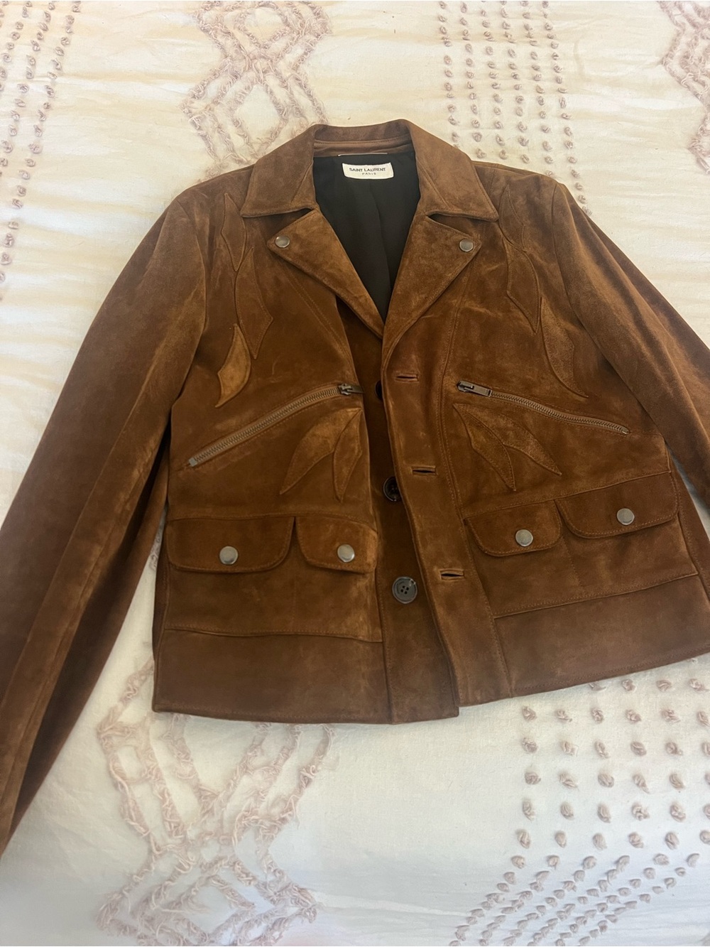 Saint Laurent Brown Suede Bomber Jacket with Decorative Panels